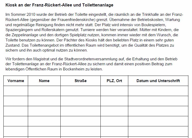 Unterschriftensammlung Unterschriftenaktion für Tolettenanlage
