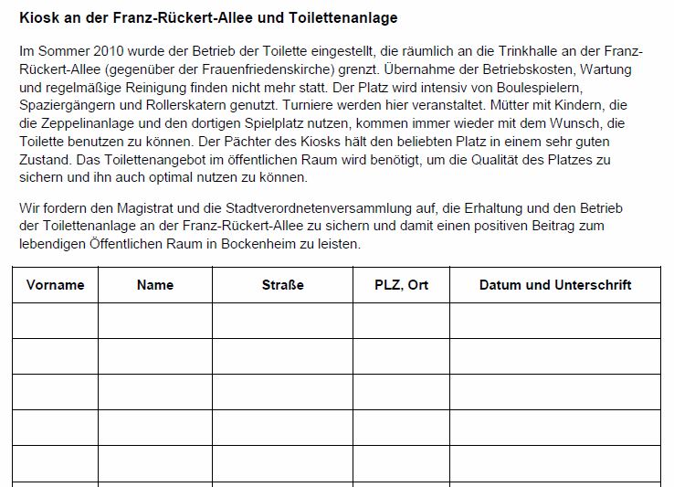 Unterschriftenaktion für Tolettenanlage